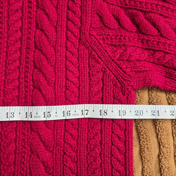 J.Crew Womens Vtg Red Fisherman 100% Wool Chunky Heavy Hand Knit Cable Sweater M - Picture 10 of 11